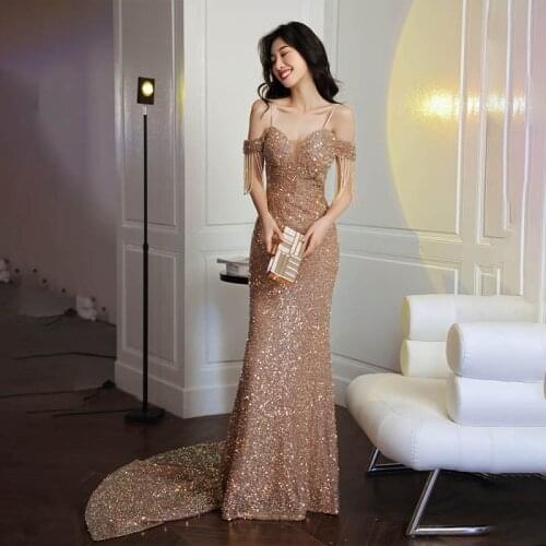 Spaghetti Strap Sequins V-Neck Evening Dresses Short Sleeve Simple Mermaid Floor-length Plus size Women Formal Party Dress C1081