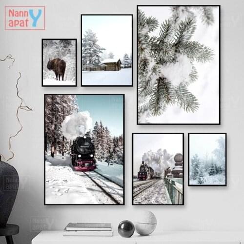 Snow Country Train Landscape Poster Forest Hut Yak Canvas Painting Hd Print Pictures Nordic Bedroom Wall Art Home Decoration