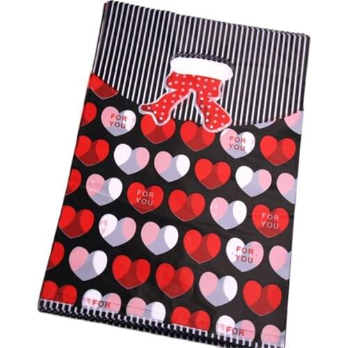 New Design Wholesale 100pcs/lot 25*35cm Heart Pochette Cadeau Plastique Large Birthday Gift Packaging Bags With Bow
