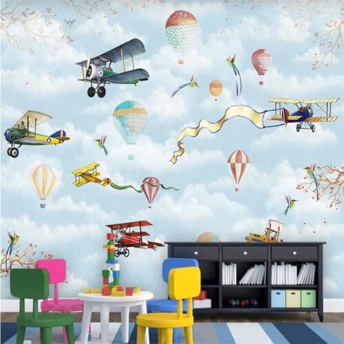 Beibehang Wallpaper customization 3D mural modern fashion hand-painted childrens room cartoon hot air balloon background wall