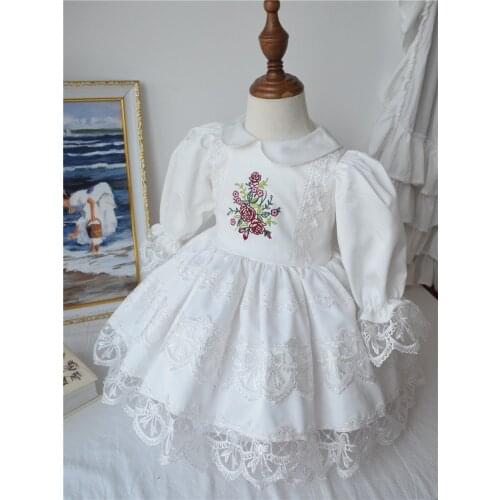 Baby Girl Autumn Summer Birthday Wedding Long Sleeve White Rose Emboidery Vintage Spanish England Turkish Princess Gown Dress