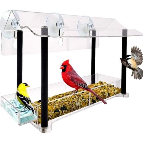 Clear Acrylic Bird Feeder Window Mount with Strong Suction Cups Separate Water Sink Outdoor Bird Feeder for Finch