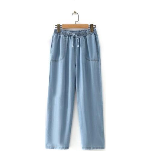 Plus Size Womens Light Denim Pants Casual Elastic Waist Straight High Waist Tencel Jeans Oversized Long Pants