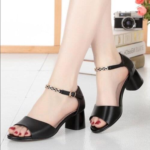Fashion womens sandals 2019 summer new Genuine Leather simple thick heel shoes high heel open toe womens sandals high heels