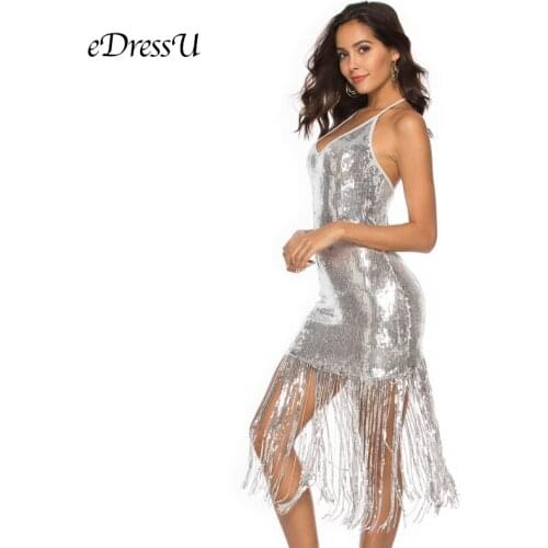 Sexy Halter Club Disco Dress Sequined Fringed Silver Cocktail Party Wear Mid-Calf Tea Length Tassel Dress eDressU OSH-18518