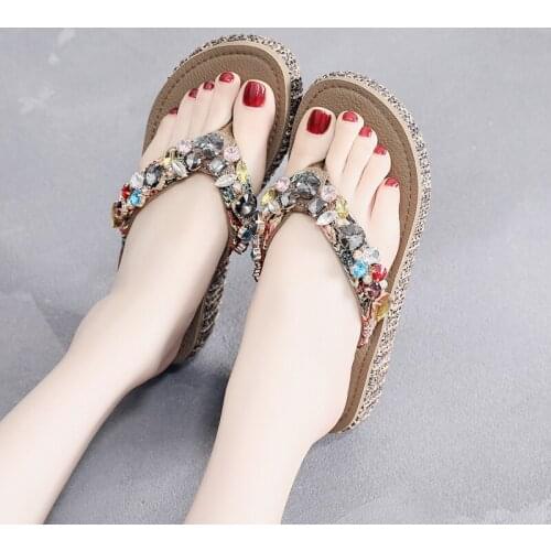 Luxurious Rhinestone Bohemia Beading Beach Slip Slops Wedge Platform Slippers Women Summer Sandals Non-slip outside Slippers