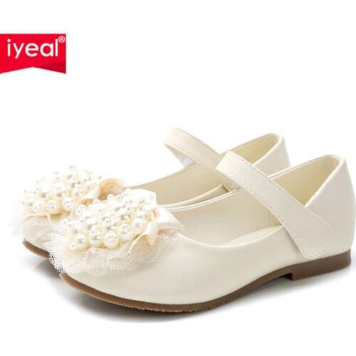 IYEAL Kids Shoes For Girl Flats Shoes Wedding Beading Pearl Children Party Breathable Bow Knot Cow Muscle Leather White Pink
