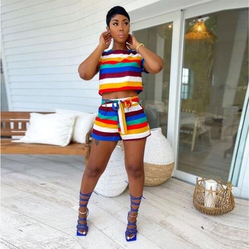Rainbow Striped Print 2 Two Piece Sets Tracksuit for Women Short Sleeve Round Neck Top and Drawstring Biker Short Fitness Suits