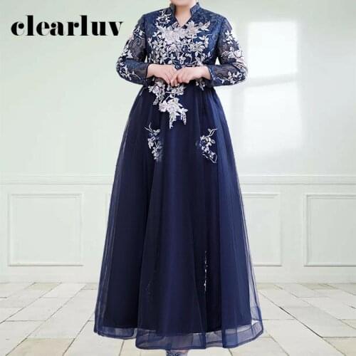 Navy Blue Evening Dresses DR1058 Embroidery Lace Evening Dress Long Sleeve Robe De Soiree A Line Long Formal Dress Evening Gown