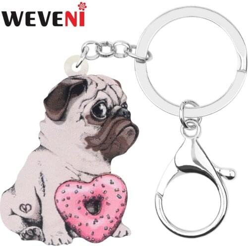 WEVENI Acrylic Valentines Day Donuts Pug Dog Key Chain Animal Key Ring Bag Car Purse Decorations For Women Girl Teen Charm Gift