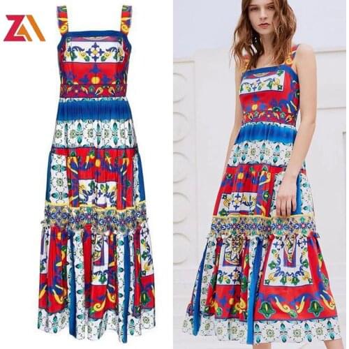 ZALady designer runway Spaghetti strap maxi dresses for women elegant vintage Totem printed party chic french dress woman robes