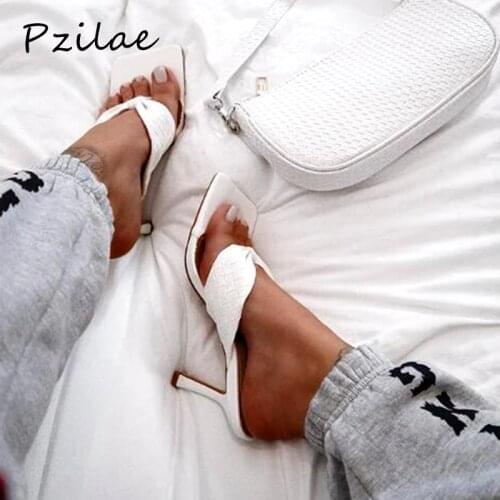 Pzilae 2020 New women summer slippers flip flops fashion braided square toe laies heel mules sexy thin high heels women slippers