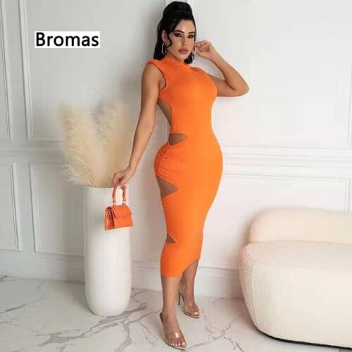 2021 Summer Ladies Sexy Solid Color O-Neck Sleeveless Hollow Pleated Open Back Dress