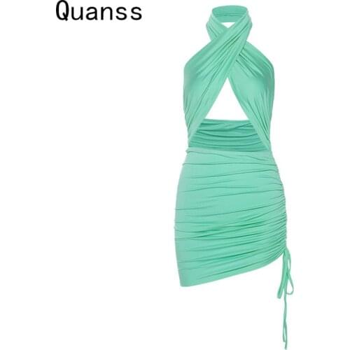 Quanss Summer Cross Halter Cut Out Dress Women 2021 Draw String Sleeveless Backless Bodycon Club Party White Sexy Mini Dresses
