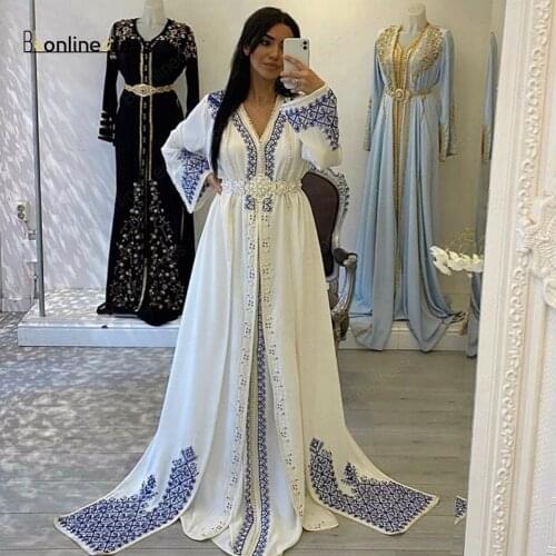 Abendkleider Evening Dress 2020 White Crystal Beading Long Sleeves Abaya Arabic Moroccan Caftan Formal Dresses Plus Size