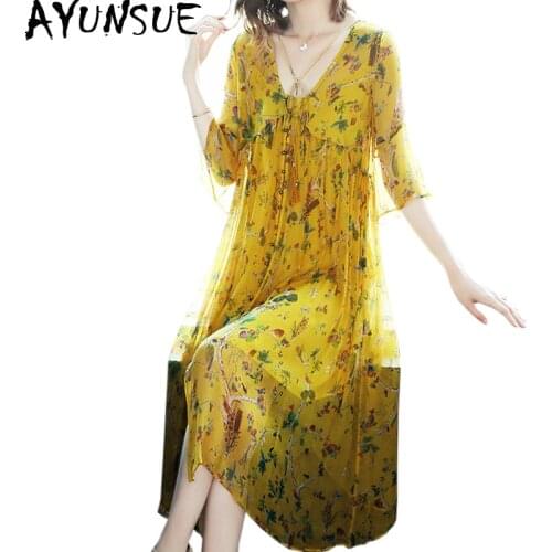 AYUNSUE 2020 Summer Dress Women Silk Beach Boho Dress Floral Mesh Party Casual Dresses Yellow Fashion Vestidos De Verano KJ3957