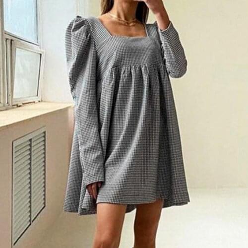 Vintage Dress Plaid Square Neck Long Sleeve Square Neck Women Mini Dress for Daily Wear Elegant dresses for women Street wear