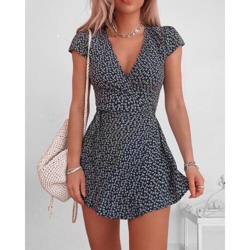 2020 Women Fashion Elegant Casual Floral Sundress Elastic Sexy Mini Beach Cami Dress Boho Floral V-Neck Short Sleeve Mini Dress