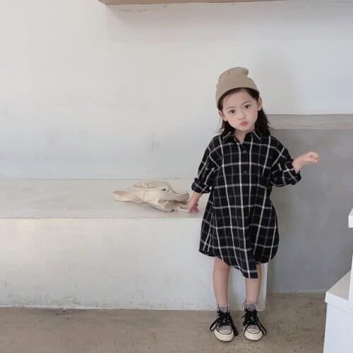 2021 Baby Girls Cutout Cotton Long plaid shirt full Shirts Cute Children kids Blouse Clothes