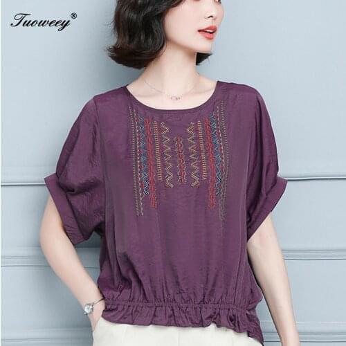 4XL blusas mujer de moda 2020 summer short sleeve women blouse shirt Embroidery plus size womens tops and blouses
