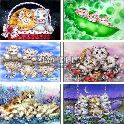 5D Diy Diamond Painting Animals Tiger & Cat Diamond Embroidery Cross Stitch Crystal Full Round Rhinestone Mosaic Gift Home Decor