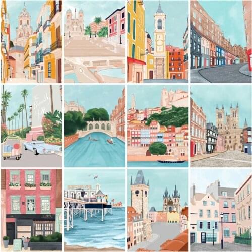 AZQSD Oil Painting Drawing On Canvas City Building Cartoon Acrylic Paint Handmade Gift Painting By Numbers Scenery Home Decor