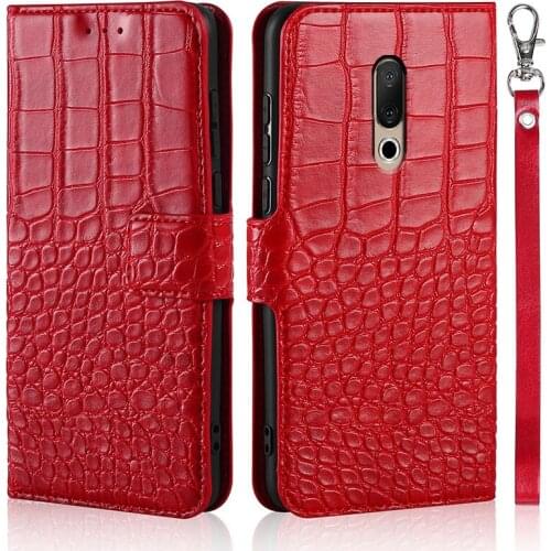 Flip Phone Case for Meizu 15 Plus Cover Original Crocodile Texture Leather Book Design Luxury Coque Wllet Capa With Strap