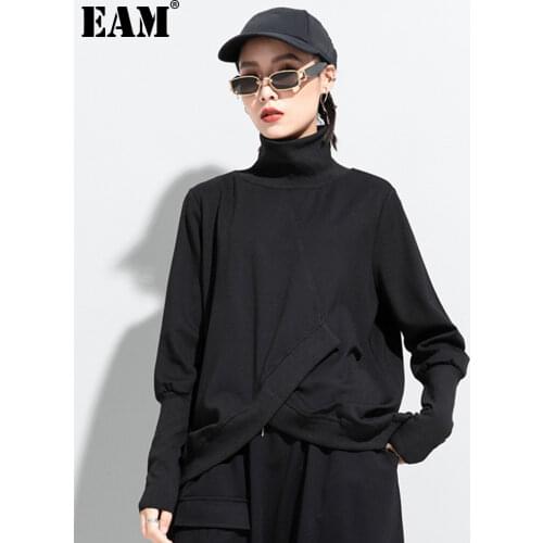 [EAM] Women Black Irregular Split Joint Big Size T-shirt New Turtleneck Long Sleeve Fashion Tide Spring Autumn 2021 1DC670