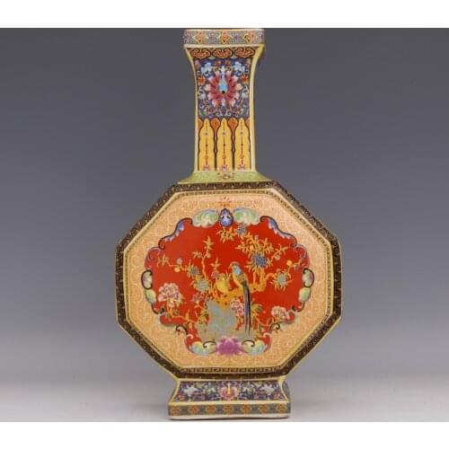 Yongzheng year enamel painted gold vase flat bell flower and bird vase antique porcelain