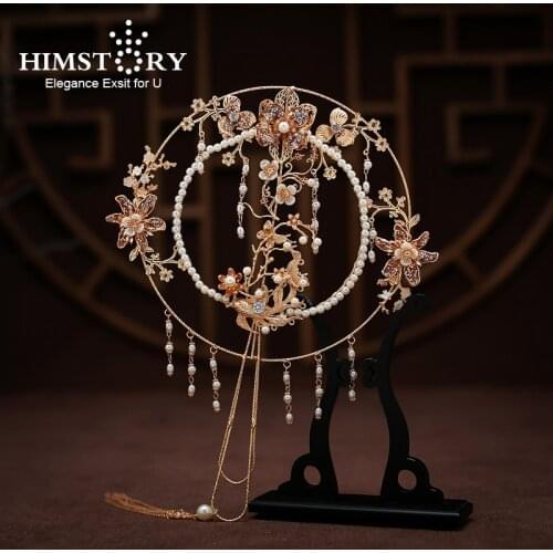 HIMSTORY Sweet Chinese Bridal Fan Handmade Round Hollow-out Gold Fish Flower Designs Wedding Bouquet Flower Girls Holder Fan