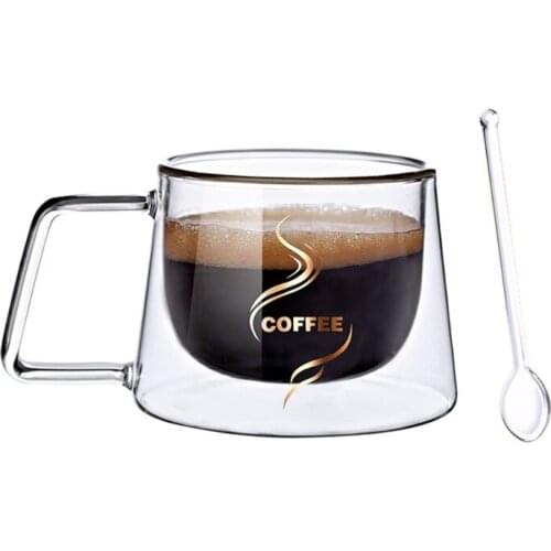 Double Wall Insulated Glasses Coffee Mugs with Square Handle Durable Unique Glass Cups Glassware for Espresso Cof wholesales