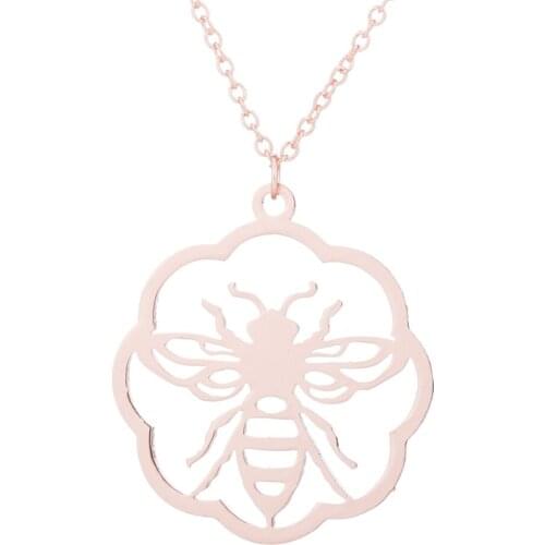 Dainty Rose Gold Color Flower&Bee Shaped Pendant Necklace for Women Kids Unique Design Honeybee Clavicle Chain Necklace