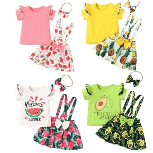 3PCS Kids Suit Set Girls Watermelon Print Round Neck Short Sleeve T shirt Tops Suspender Skirt Headband Summer Childrens Sets