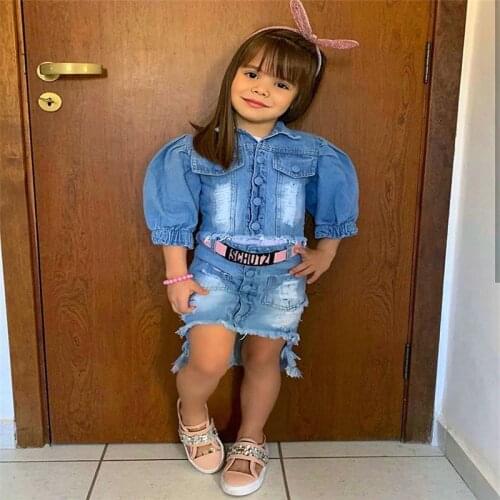 Fashion Two- piece Clothes Set For Kids Girls Blue Puff Sleeve Open Front Denim Jacket + Irregular Hem Skirt 1-6 Years