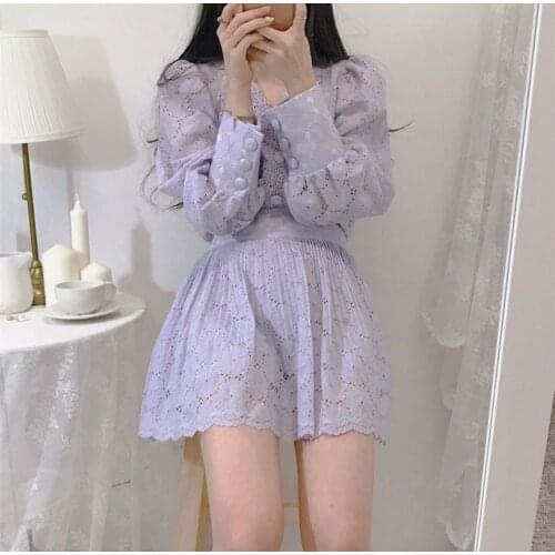 Korean Style Chic French Top V-neck Crocheted Hollow Blouse Wispy Pattern Puff Short Skirt Solid Color Two Piece Set for Women