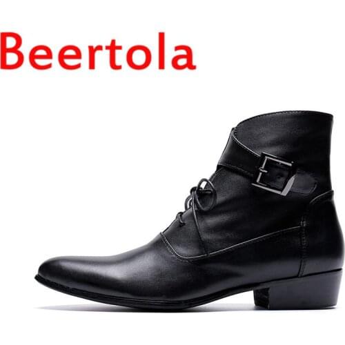 Chelsea Beertola Mens Belt Buckle Fashion Real Leather Pointed Toe Botas De Hombre High Quality Lace-Up Boots Black Male