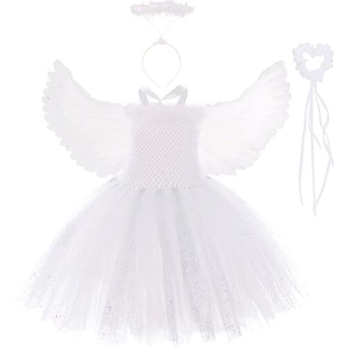White Feather Angel Cosplay Tutu Dress With Wings Set Lovely Kind Girl Birthday Halloween Party Costume Cloth For School Perform