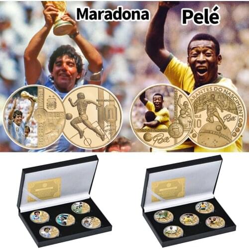 Soccer Player Maradona/Pele Gold Plated Commemorative Coin Set with Coin Holder Football Challenge Coins Souvenir Gift for Him