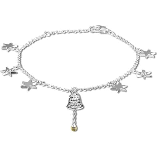 Festive Bell & Star Bracelets 100% 925 Sterling Silver Jewelry with Fancy Golden & Clear CZ Free Shipping