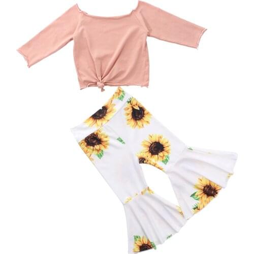 Pudcoco Little Girls 2PCS Outfits Long Sleeve Off Shoulder Front Knot Top Sunflower Bell-Bottom Elastic Pants Summer 2020 6M-5T