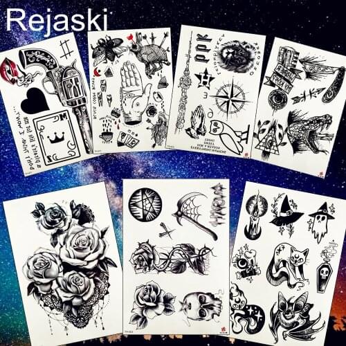 Rose Drawing Skull Death Triangle Temporary Tattoo Sticker Sexy illustration Gun Flower Art Black Tattoos Body Arm Fake Tatoo