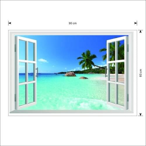 Removable Wall Paper Beach Sea 3D Window Scenery Wall Sticker Decor Decals Mural Home Decoration