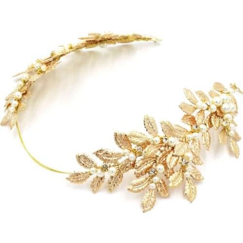 SLBRIDAL Baroque Style Gold&Silver Plated Leaf Rhinestone Pearls Wedding Headband Bridal Headpiece Hair Vine Bridesmaids Women