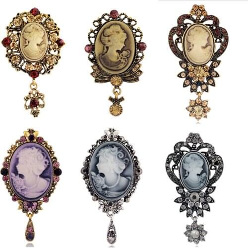 Vintage Cameo Flower Crystal Queen Beauty Head Brooch Pin Bridal Wedding Jewelry