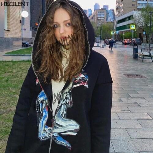 90s Vintage Anime Y2K print Oversized Hoodies Female Sweatshirt Zip Up Long Sleeve jacket harajuku Kawaii Winter Grunge clothing