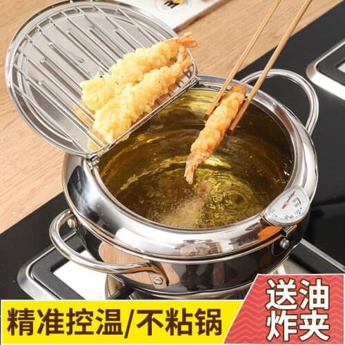 Japanese Deep Frying Pot with a Thermometer and a Lid 304 Stainless Steel Kitchen Tempura Fryer Pan 20 24 cm KC0405