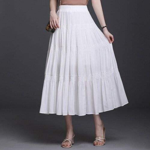 Korean Style Elastic High Waist Long Pleated Skirt Summer Women Vintage Elegant Loose Big Swing Casual Black White Skirts 9083