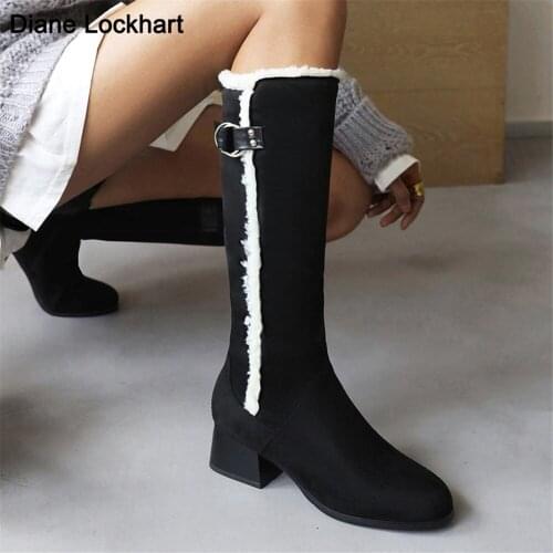 2021 New Fur Boots Women Winter Shoes Warm Knee High Boots Buckle Ladies Low Heels Boots Size 32-43 Black Blue Green Brown