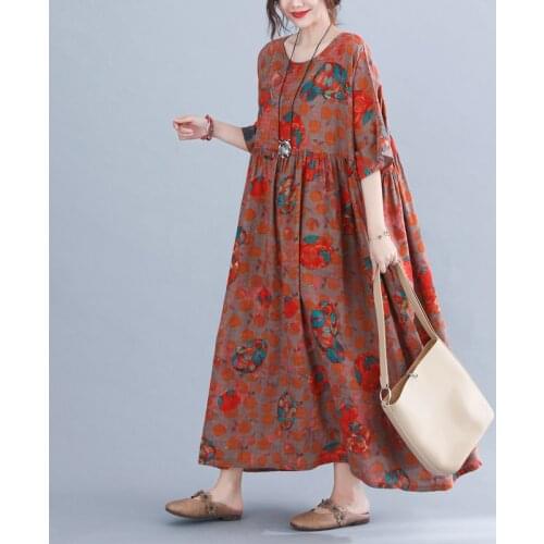 Prairie Chic Travel Casual Dress 2021 New Arrival Cotton Linen Loose Summer Dress Print Floral Vintage Women Long Maxi Dress