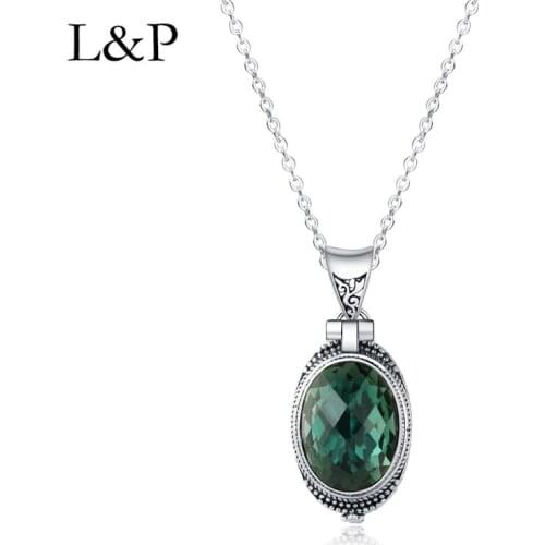 L&P Elegant Green Crystal Pendant For Lady Baroque Authentic 925 Sterling Silver Pendant Necklace Fine Jewelry Wedding Gift